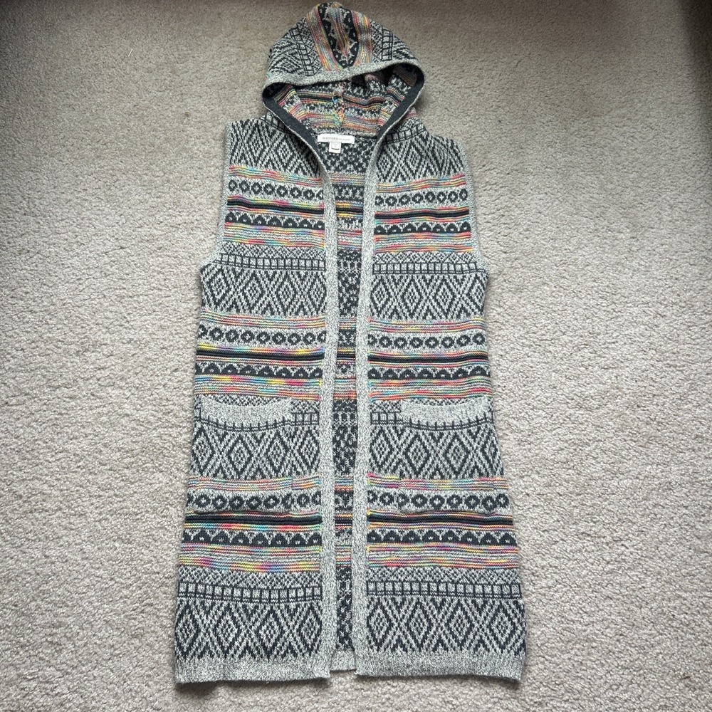 Monteau Los Angeles Womens Boho Fair Isle Long Knit Hooded Vest Gray Multi Sz S